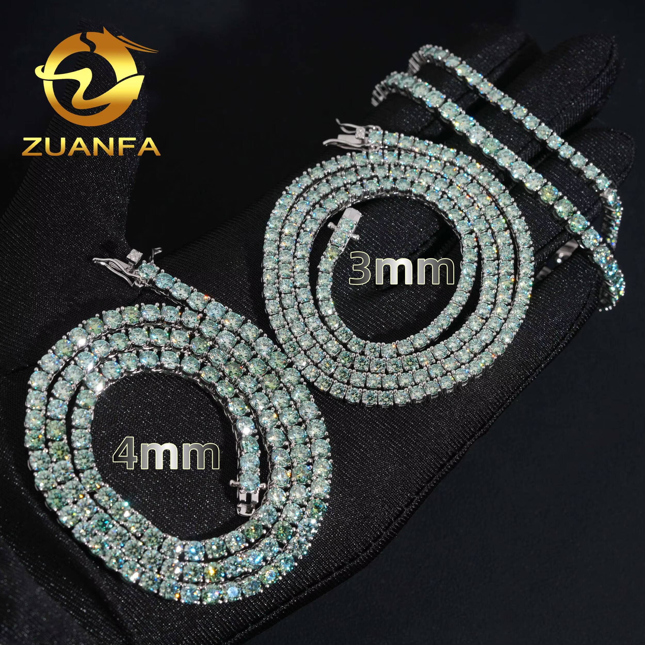 Original Color Not Coated Blue Green Color Moissanite Tennis Chain Necklace 3mm 4mm 925 Sterling Silver Iced Out Hip Hop Jewelry