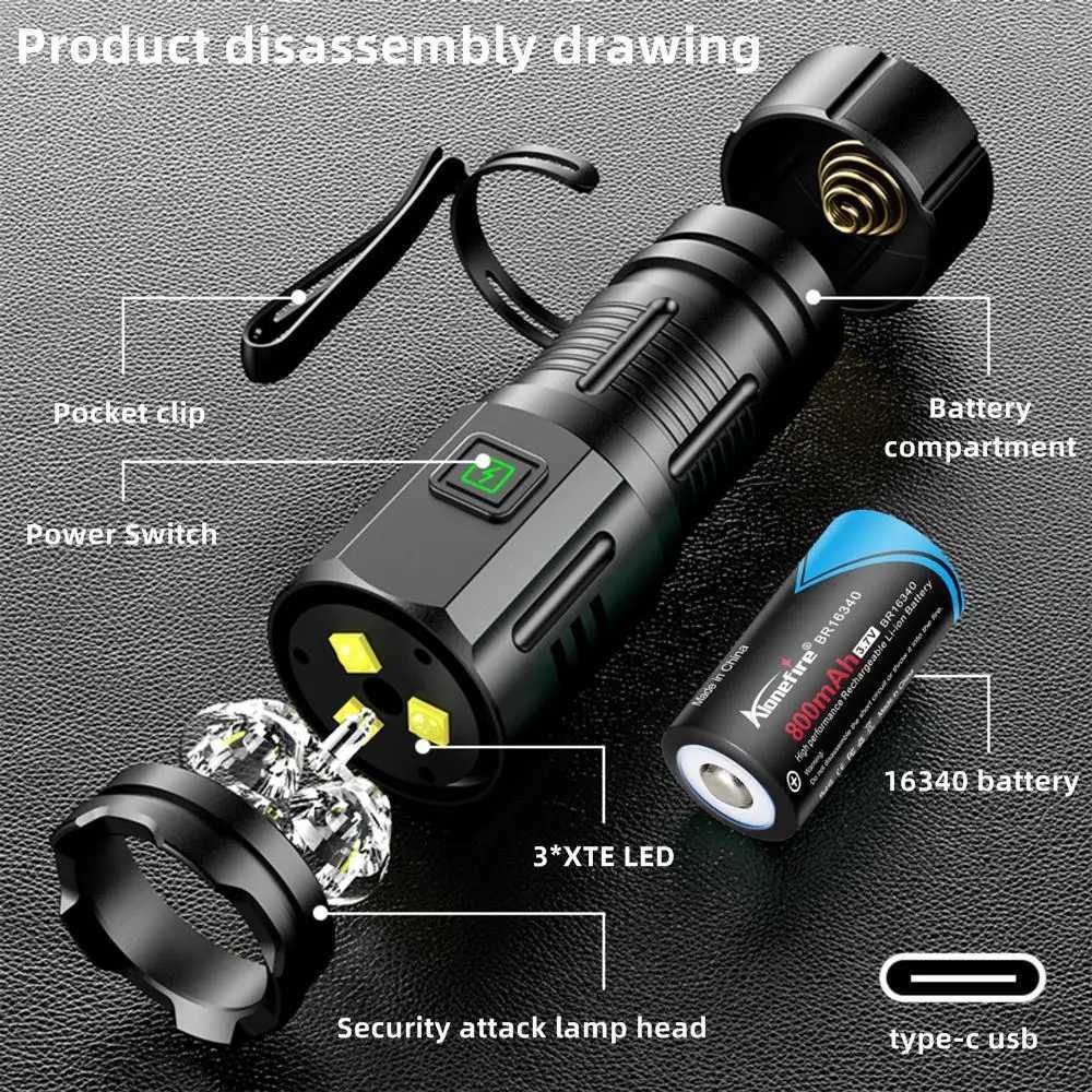 6500K 3x Led Mini Palm Small Flashlight USB Rechargeable Portable Magnet Torch Outdoor Hiking Camping Home Work Car Repai 16340 C251122