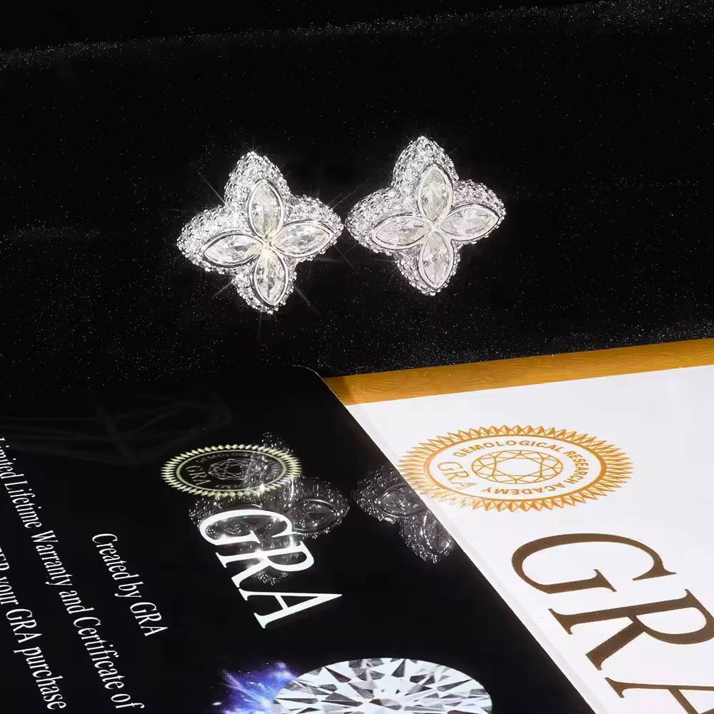 Wholesale Marquise Ear Studs Vvs Moissanite Iced Out Diamond Hip Hop Jewelry 925 Silver Clover Stud Earrings