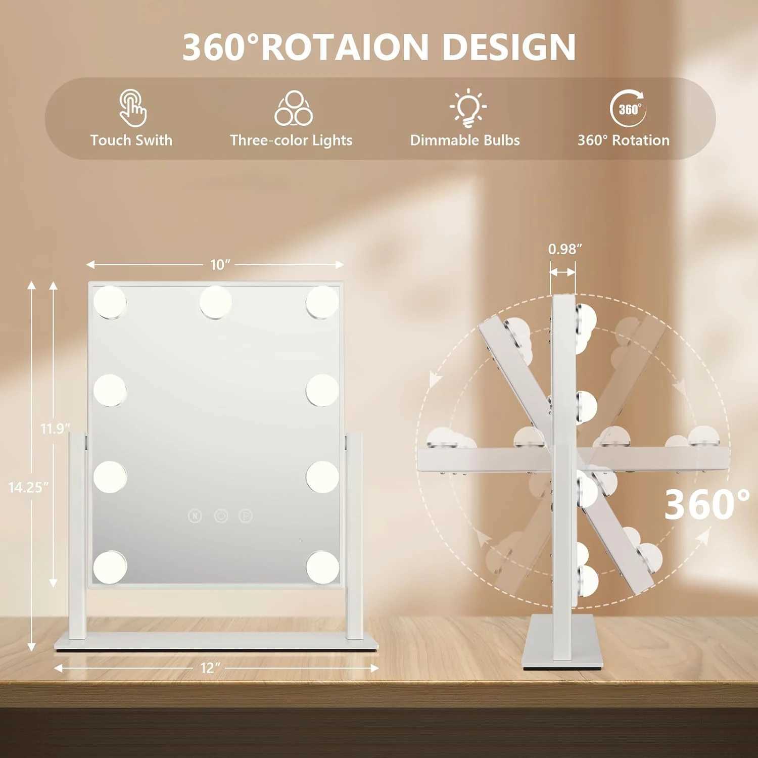 Hollywood Vanity Makeup Mirror with 9 LED Bulbs 3 Color Lighting 360 Rotation Cosmetic Mirror for Dressing Rooms and Bedrooms M251122