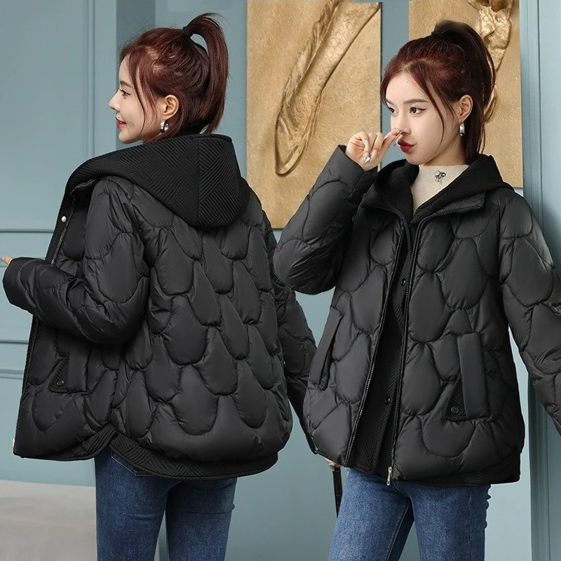 Winter Hooded Cotton Jacket Womens Short Twopiece Loose Thick Parka Coat 251110