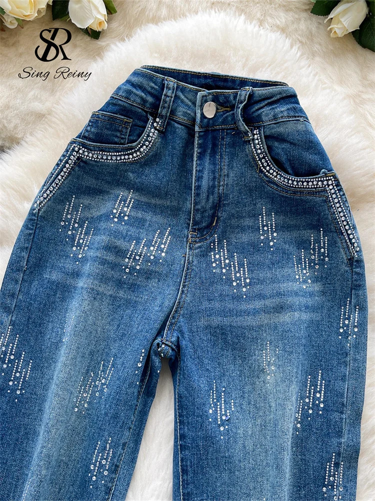 SINGREINY Autumn Diamond Denim Long Pants Womens Pockets Bodycon sweet Casual Trousers Fashion Shiny Retro Wide Leg Jeans 251111