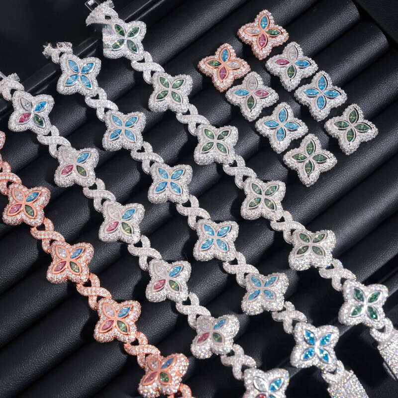 Hip-Hop Sier 18mm Wide Colorful Clover Chalcedony Bracelet with Earrings Iced Out Unisex Boutique Jewelry Set