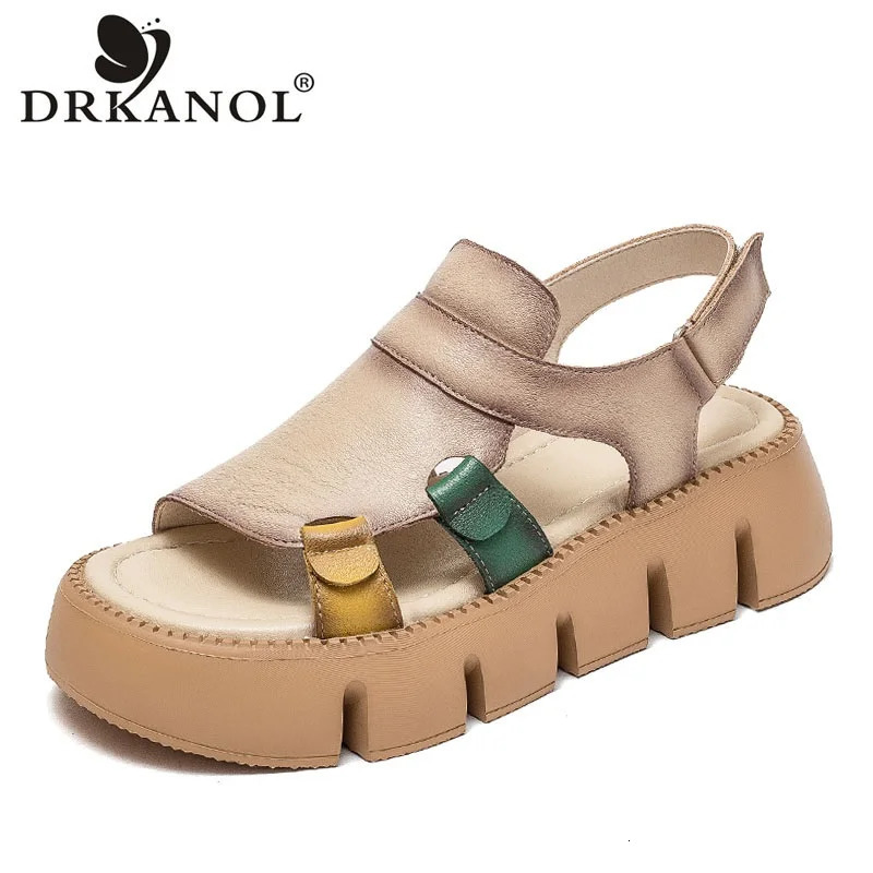 Drkanol Handmade Genuine Leather Sandals Womens ner y Hook and Loop Wedge Platform Casual Summer Shoes 250421BJ
