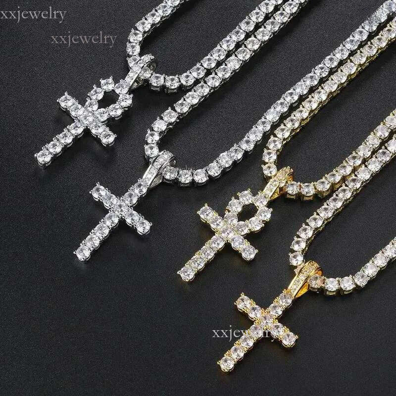 Hip Hop Iced Out Tennis Cross Necklace For Men Steampunk Gold Plated CZ Chain On Neck Design Jewelry S-OHP003Pendant Necklaces