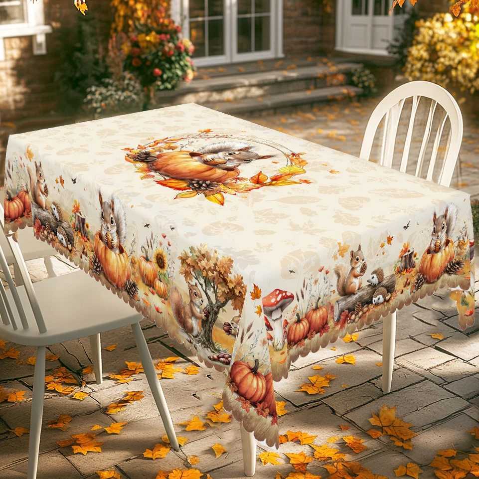 1 Piece of Autum Thanksgiving Themed Printed Tablecloth Retro Country Farmhouse Style Squirrel Pumpkin Maple Leaf Pattern Design Suitable for Holiday 
