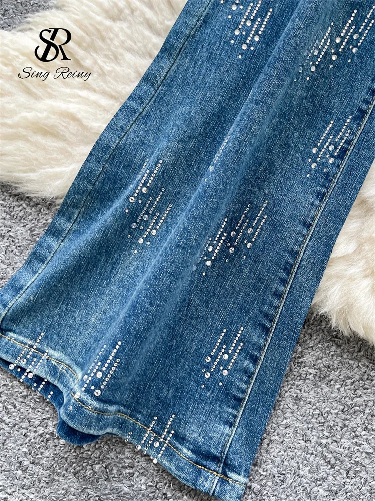 SINGREINY Autumn Diamond Denim Long Pants Womens Pockets Bodycon sweet Casual Trousers Fashion Shiny Retro Wide Leg Jeans 251111