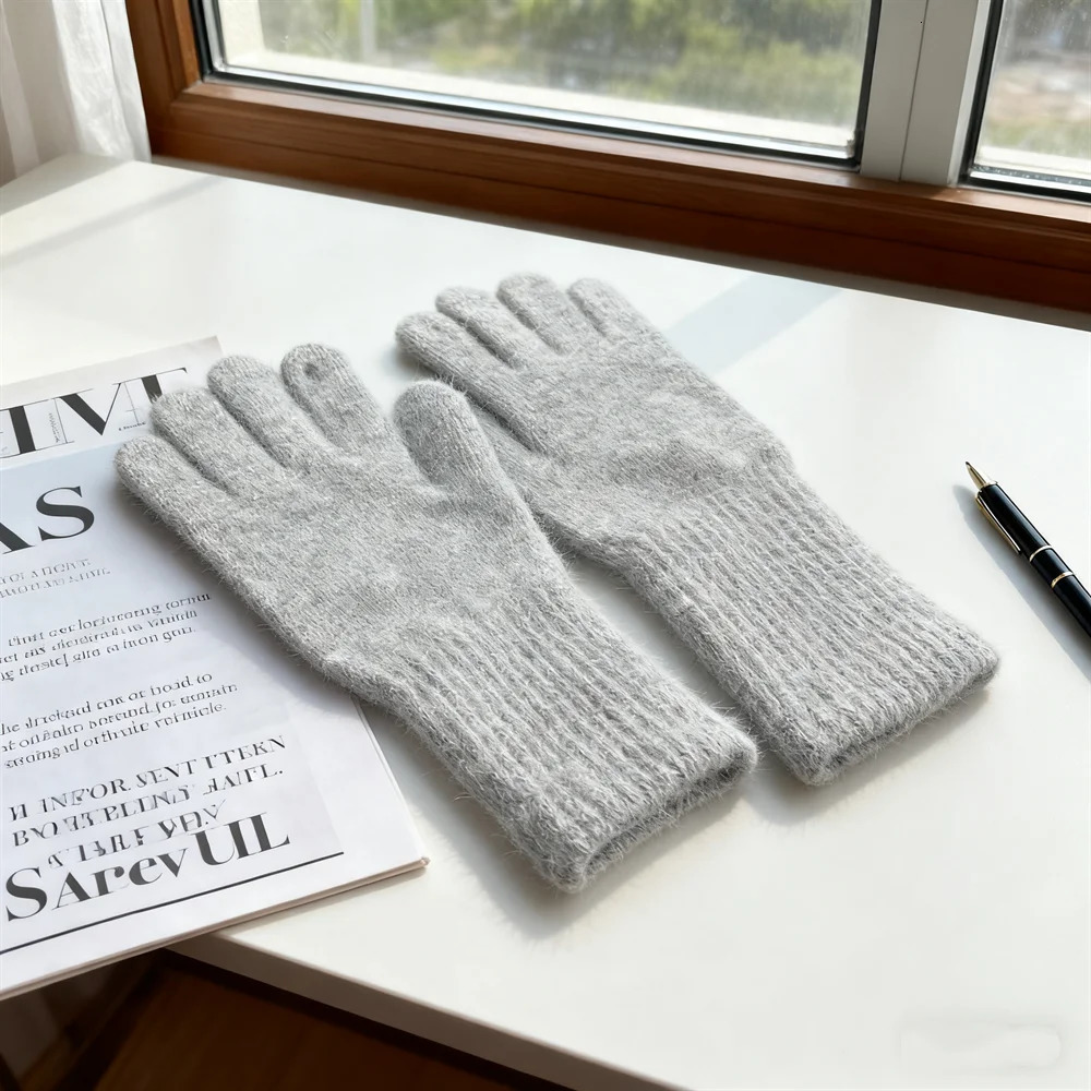 Rabbit Fur Long Fivefinger Gloves Winter Warm Dew Finger Touch Screen Solid Color Versatile Knitted 2758CM 251114