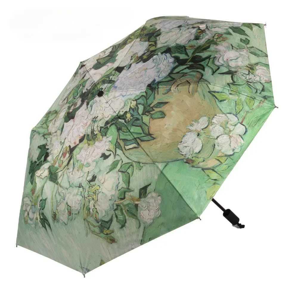 Small Fresh Umbrella Oil Painting Automatic Folding Umbrella Female Paraguas Van Gogh Oil Painting Umbrella Rain Quality ParasolM251122