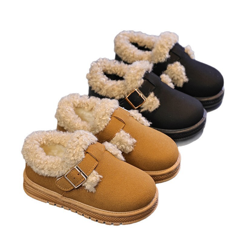 New designer shoes Autumn Winter New Belt Buckle Flat Fur Boots Snow Boots Unisex Slip On Round Toe Cotton Shoes Women Trendy