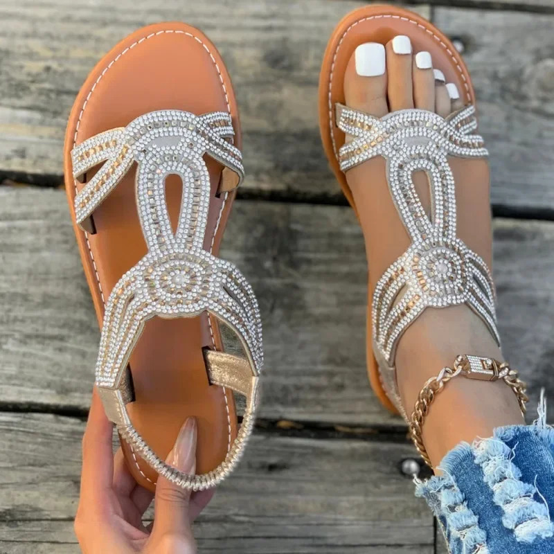 Womens Shoes High Quality Elastic Band Casual Fashion Crystal Sandals Summer Plus Size Flat 250421BJ - view 4