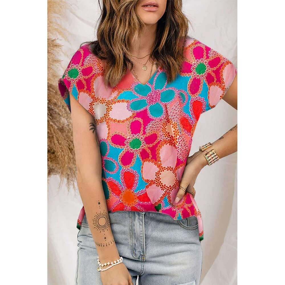 DHessentials Womens Tank Tops Pink Abstract Print V Neck Dolman Blouse Trendy 2025 Sping Summer Cami Shirts
