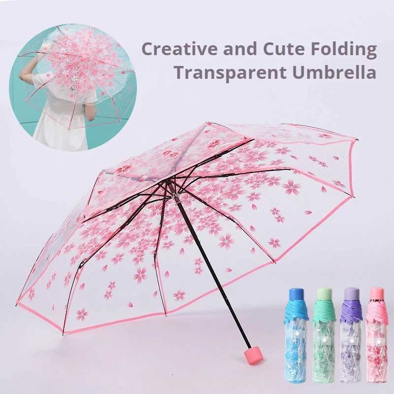 Female Folding Flower Gradient PVC Triple Fold Transparent Umbrella Fairy Tale Style Cartoon Cute Large Manual Folding UmbrellaM251122