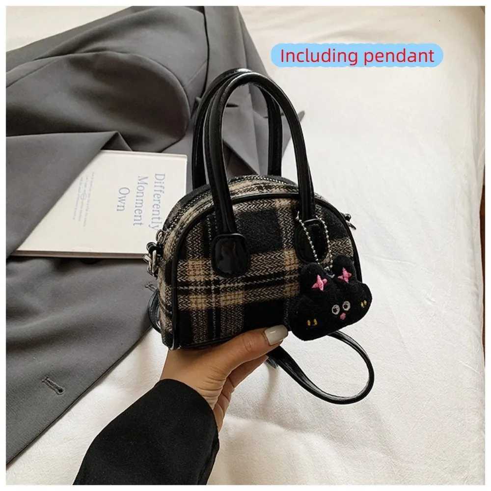 Vintage French Style Woolen Plaid Bowling Bag Cloth Elegant Boston Shoulder Bag PU Leather Casual Women Handbags WomenT251122