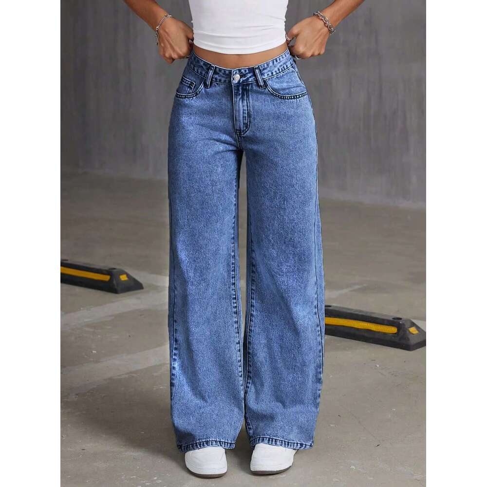 DHessentials Fashionable Women's Mid - Waist Straight - Leg Blue Denim Pants