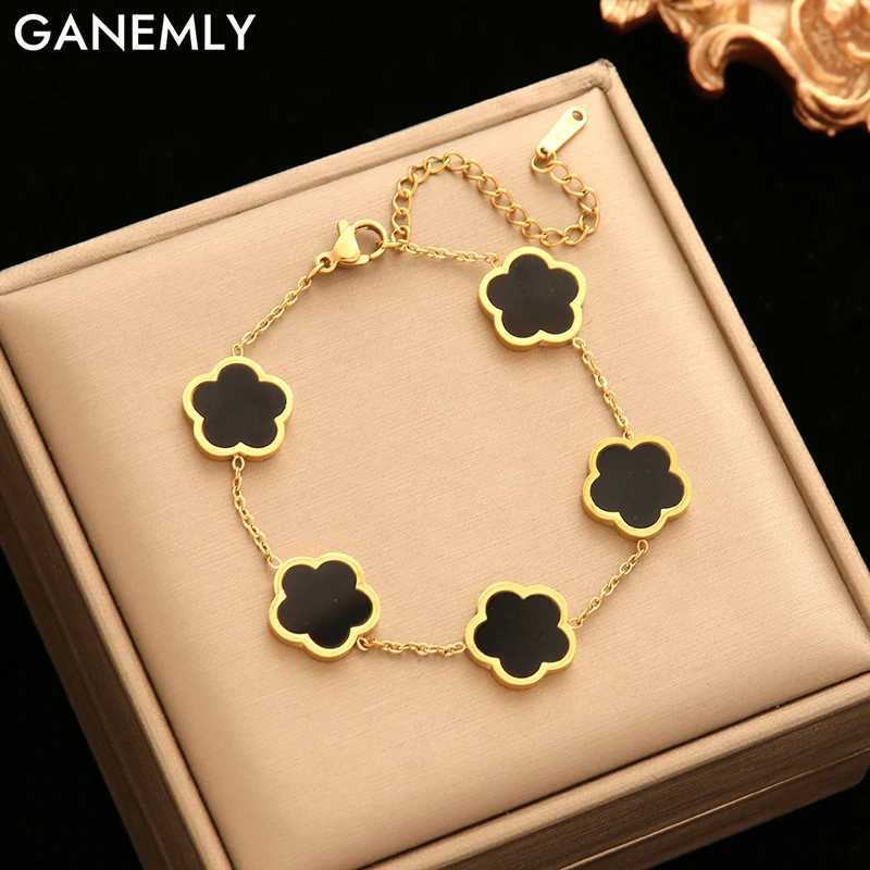 GANEMLY 316L StainlESS Steel Black Five leaf Bracelets For Women New TrenDY Waterproof Wrist Chain Jewelry Girls Gift J251122