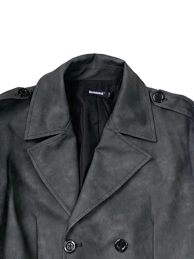 Mauroicardi Spring Autumn Long Distressed Pu Leather Trench Coat Men Belt Double Breasted Clothes Fashion 251110