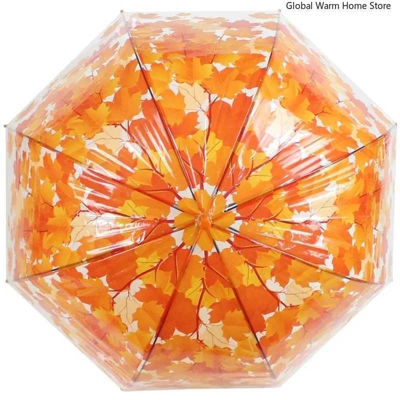 New Long Handle Transparent Mini Umbrella Clear Baking Paint Originality Summer Green Autumn Maple Leaves Creative Kids UmbrellaM251122