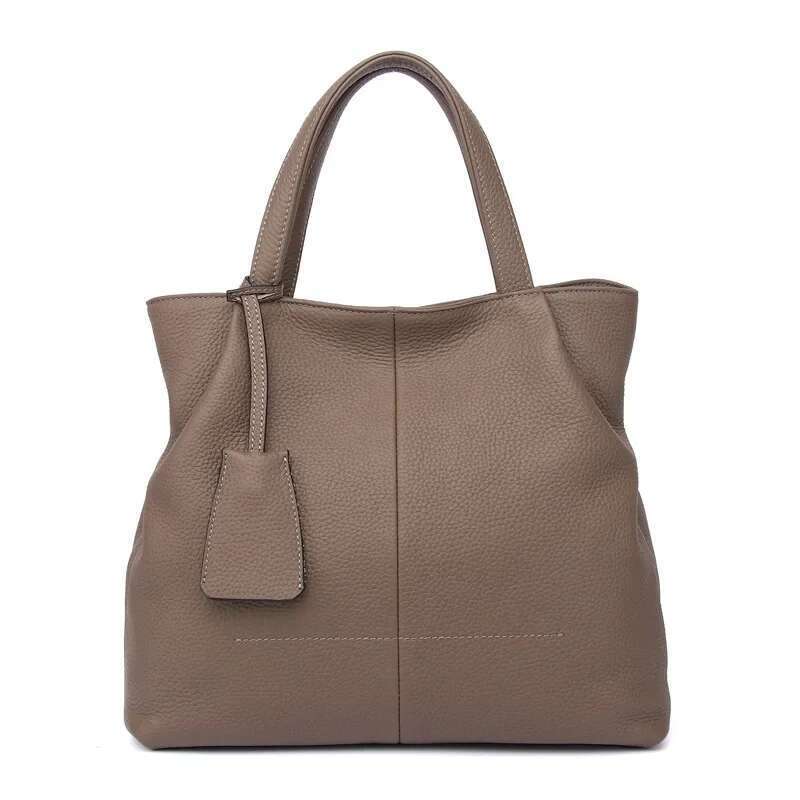 Simple Top Quality Tote Bag Grey Real Genuine Leather Women Handbag Soft Big Solid Color Female Shoulder Bags Bag