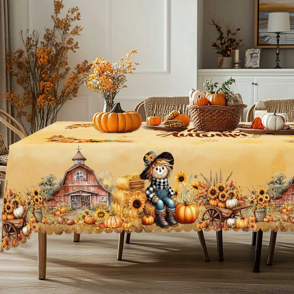 1 Piece of Autumn Scarecrow Round and Rectangular Tablecloth Available in Various Sizes Decorative Tablecloth with Pumpkin and Sunflower Print C251122
