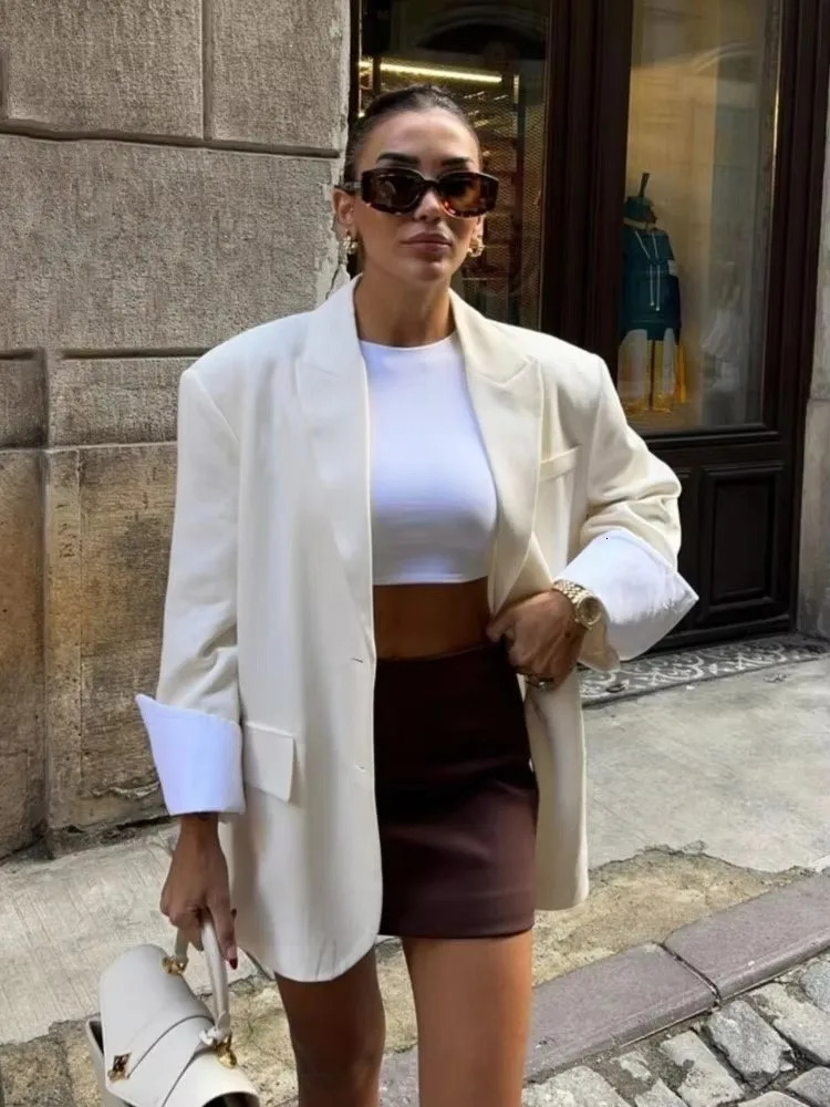 Elegant Blazer Coat For Women Fashion Pockets Lapel Oversized Suit Jackets 2025 Autumn Office Lady Casual Loose Outerwear 250421