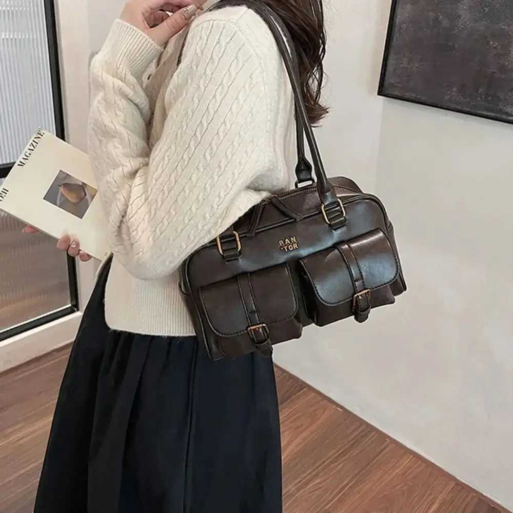 All-match Korean Style PU Bowling Bag Patent Leather Solid Color Pocket Boston Tote Bag Handbag French Style Underarm Bag GirlsT251122