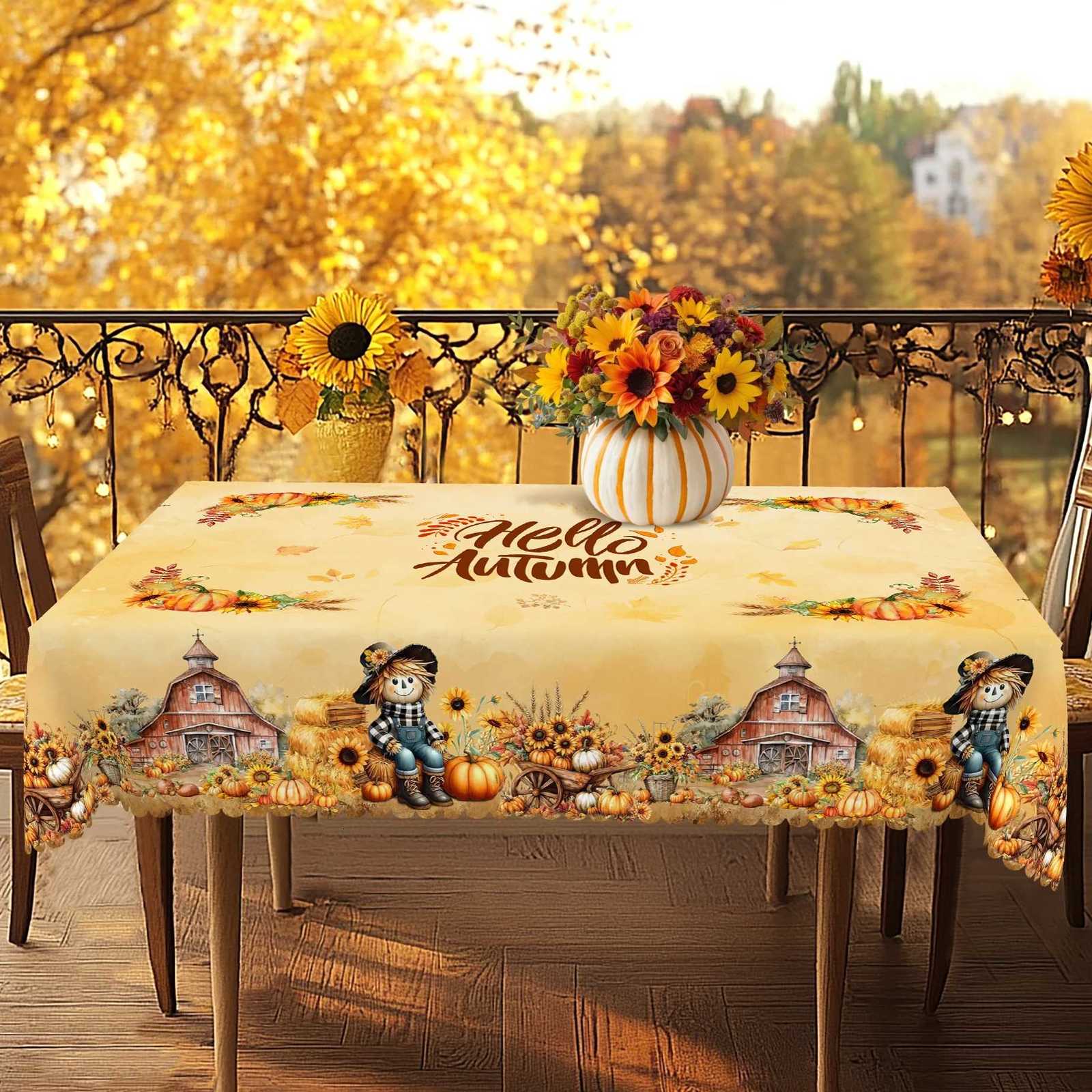 1 Piece of Autumn Scarecrow Round and Rectangular Tablecloth Available in Various Sizes Decorative Tablecloth with Pumpkin and Sunflower Print C251122