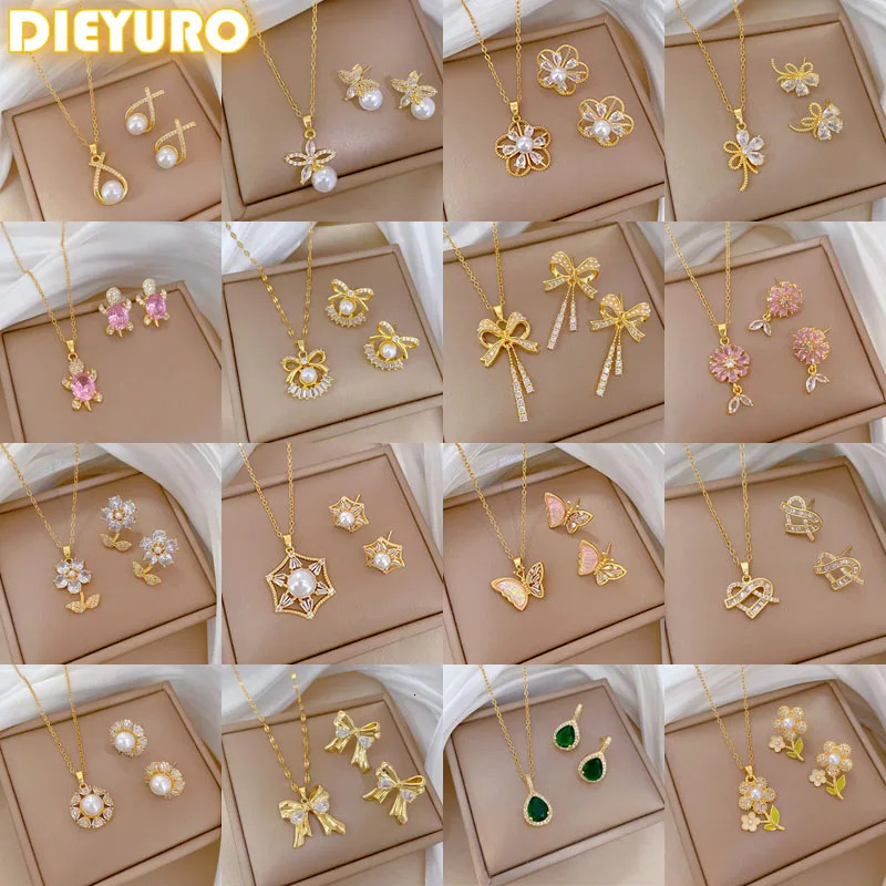 DIEYURO 316L Stainless Steel Butterfly Flower Bowknot Necklace Earrings For Women Girl Concise Trendy Jewelry Set Gift Party 251114