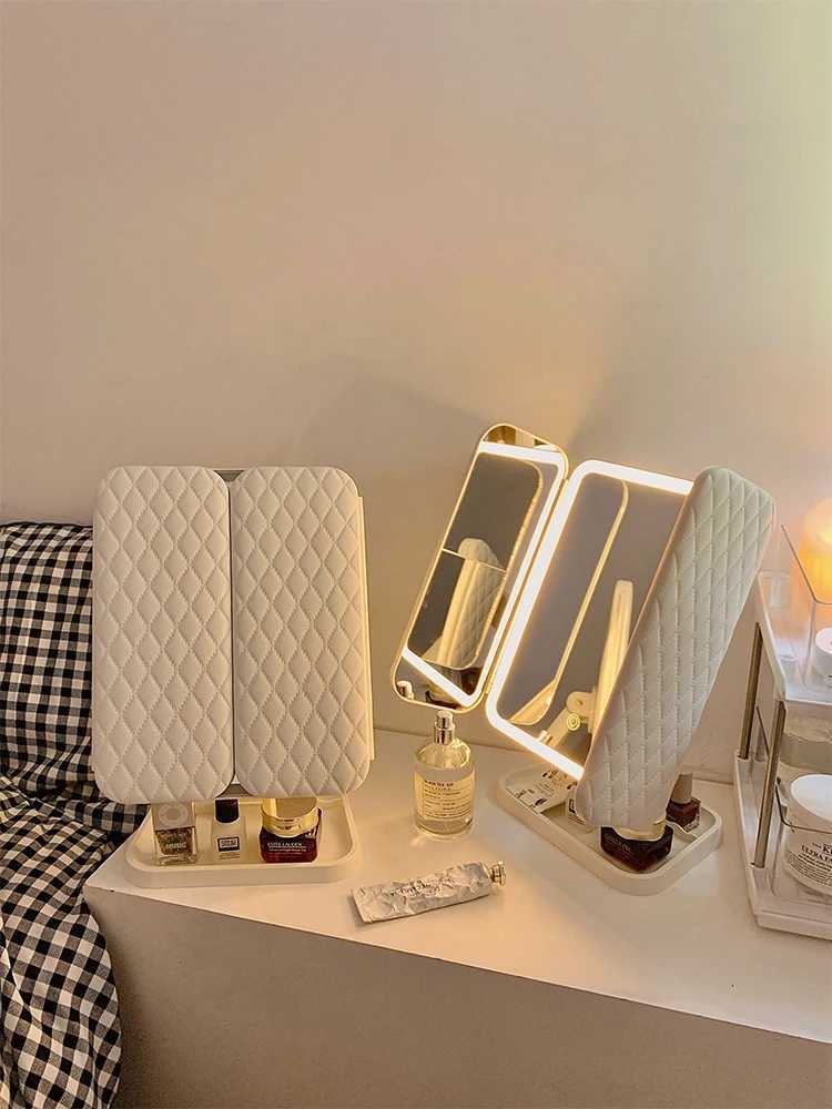 Shell double door LED makeup mirror with light storage box integrated desktop folding adjustable mirror for students M251122