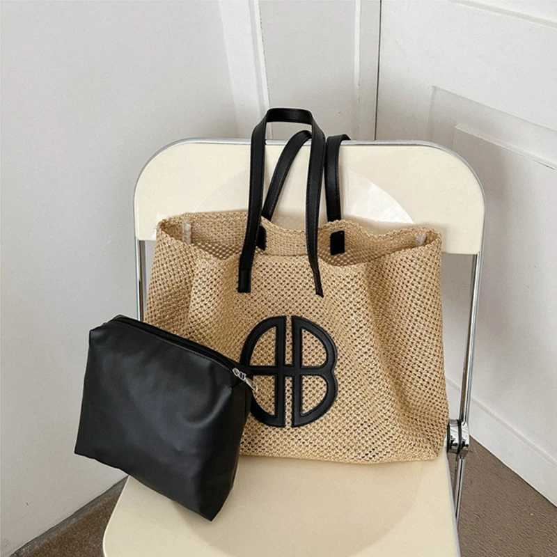 Composite bag straw bag hollow outer knitted tote bag large capacity handmade shoulder bag womens designer casual beach bag ethnic style W250421