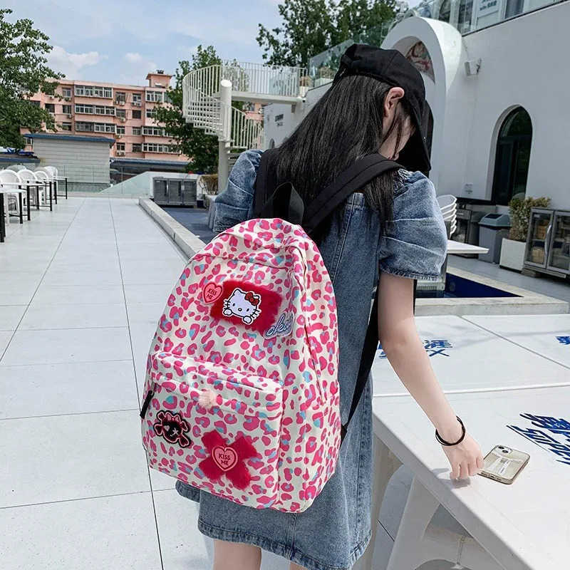 Sanrio Cute Leopard Print Backpack Japanese Style Cute Girl Hello Kitty Cartoon Girl Student Backpack H251122