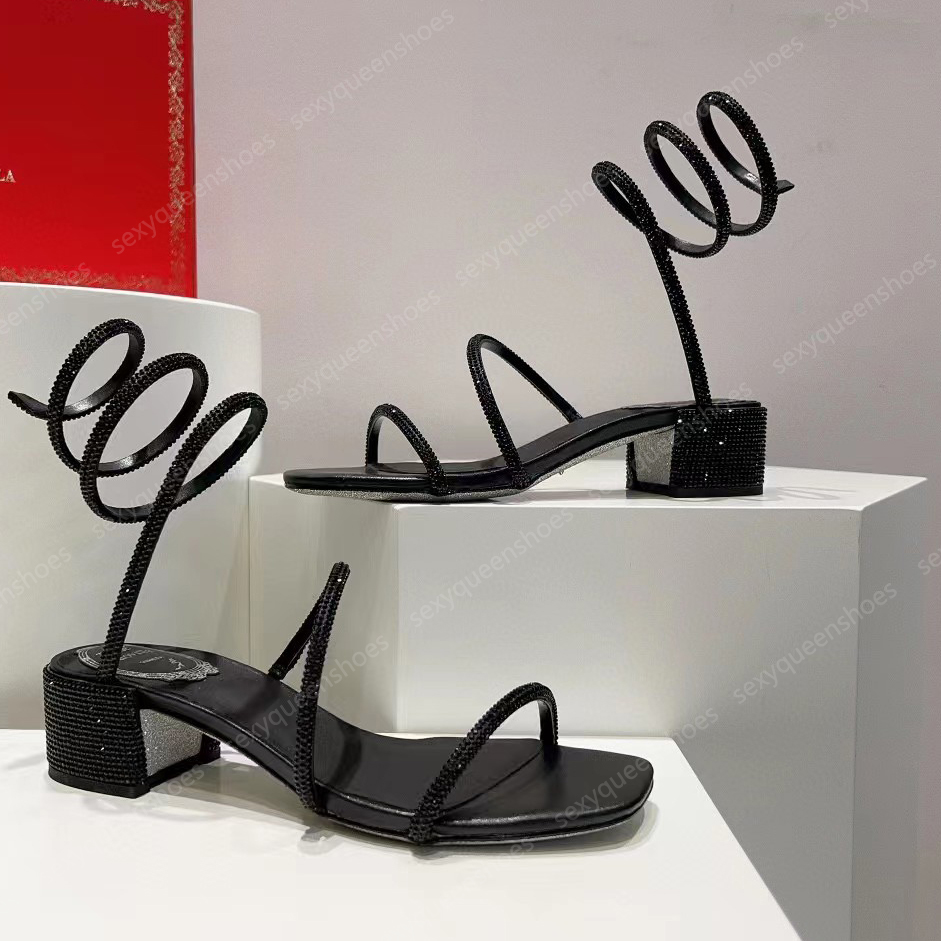 RENE High Heels Crystal Sandals Womens Coarse Heel Luxury Designer Wedding Shoes Fashion Rhinestone Serpentine Wrapped Ankle Strap Party Shoes size 34-43