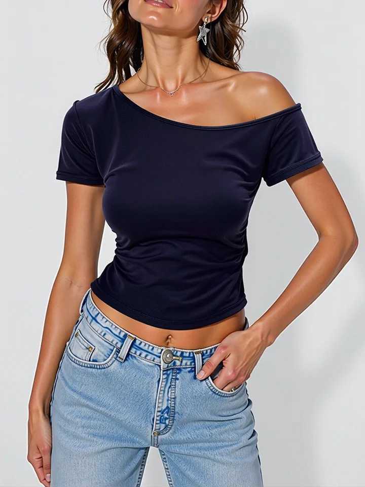 100% pure cotton summer off shoulder top for women ultra-thin slim fit summer short sleeved T-shirt for women sexy basic T-shirt Korean fashion M25042