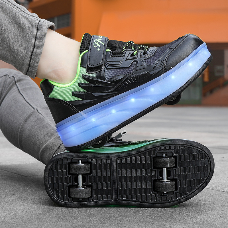 Four wheeled high heels with luminous shoelaces that can be charged with electric lights, fashionable trendy shoes, fashionable casual children's