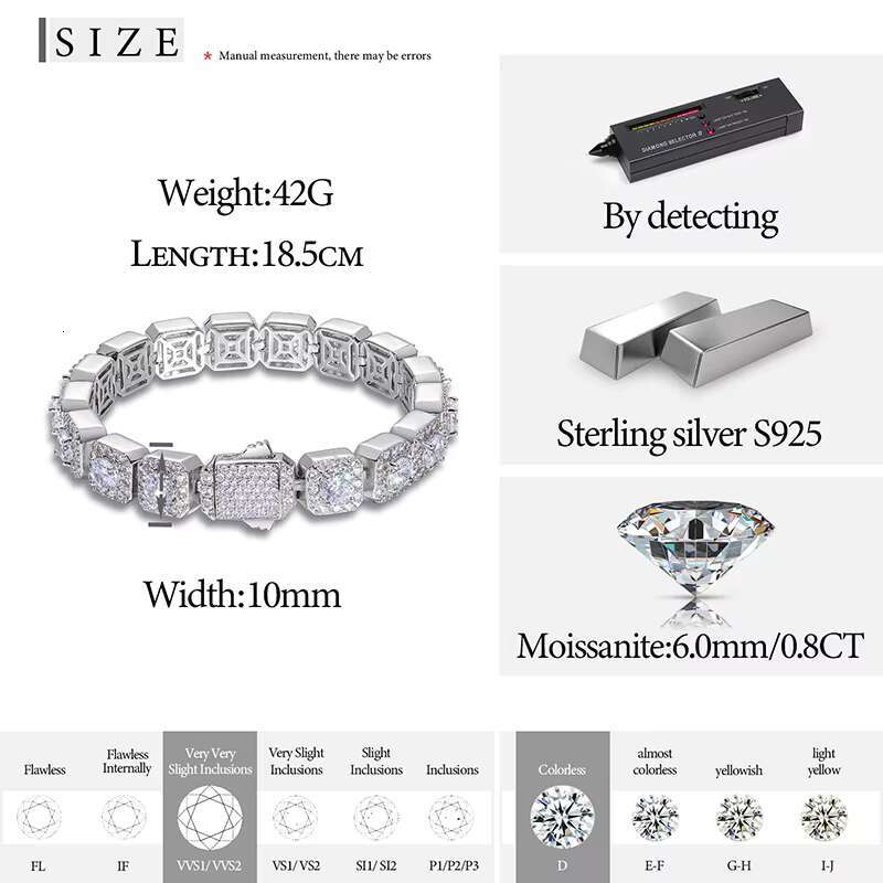 Punk Style Mens Jewelry Iced Out 18k Gold 925 Sterling Silver VVS Moissanite Diamond Tennis Chain Bracelet With GRA Certificate