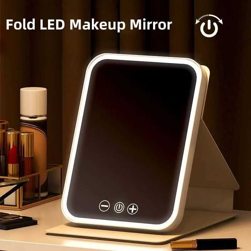 Fold LED Dimmable Makeup Mirror 3 Colors Light Adjustable Brightness USB Charging Fold Mirror Tabletop Vanity Mirror for Travel M251122