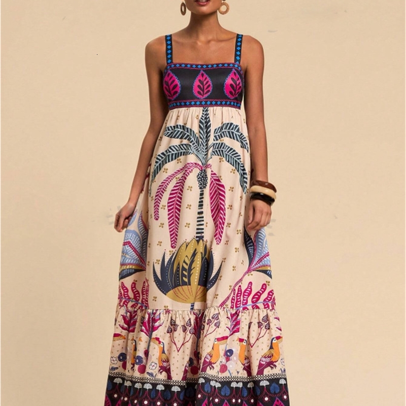 Beach Resort Dresses: Women's Bohemian Summer Dress - Tropical Printed Long Skirt for Casual Beachwear, Leisure, and Vacation Style C260312