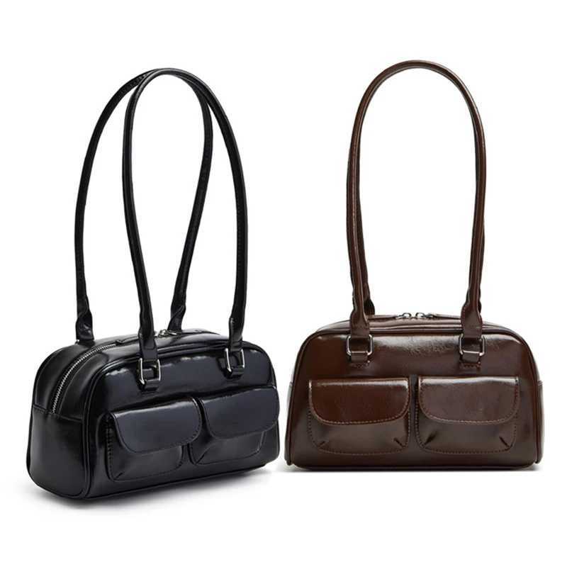 New womens bag fashion niche oil wax leather bowling bag multi-pocket armpit bag commuting handbag single shoulder bagT251122