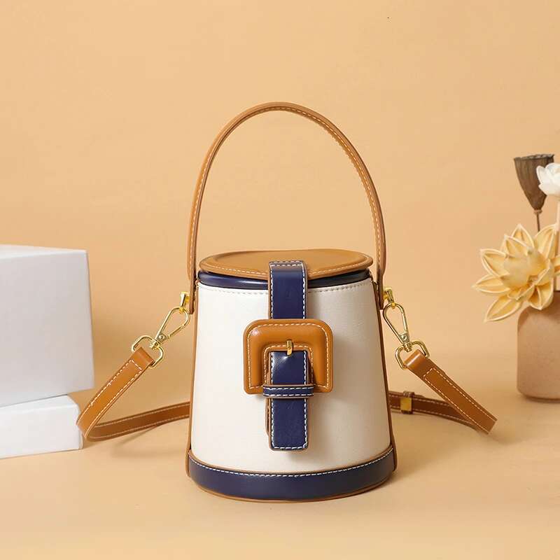New Fashion Design Box Shape Cross Body Female Short Handle Cowhide Leather Women Small Shoulder Bucket Bag Bag
