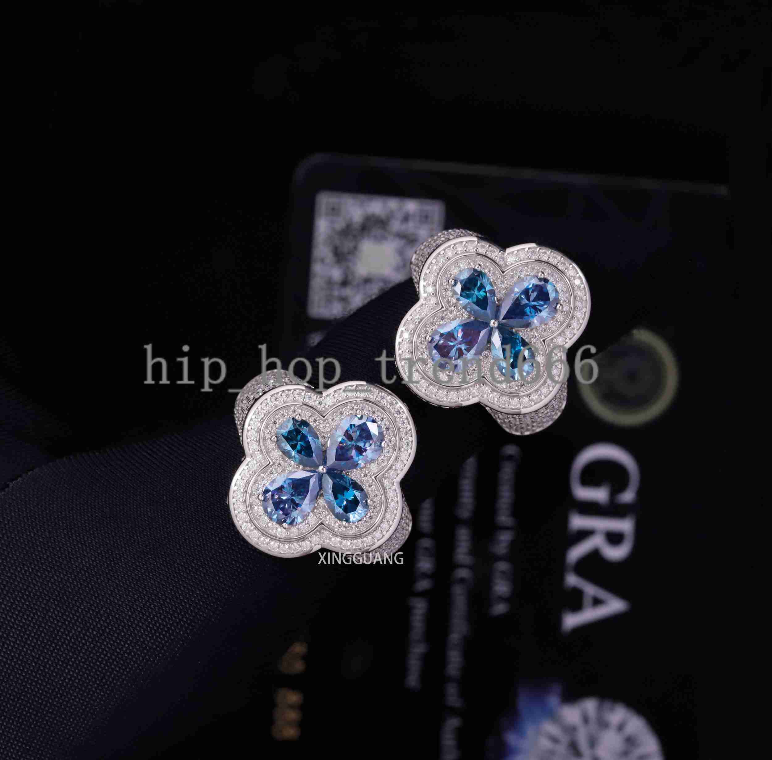Four Leaf Clover VVS Moissanite Cuban Ring For Man Women 925 Sterling Silver Hip Hop Ring Blue Diamond Clover Cuban Ring