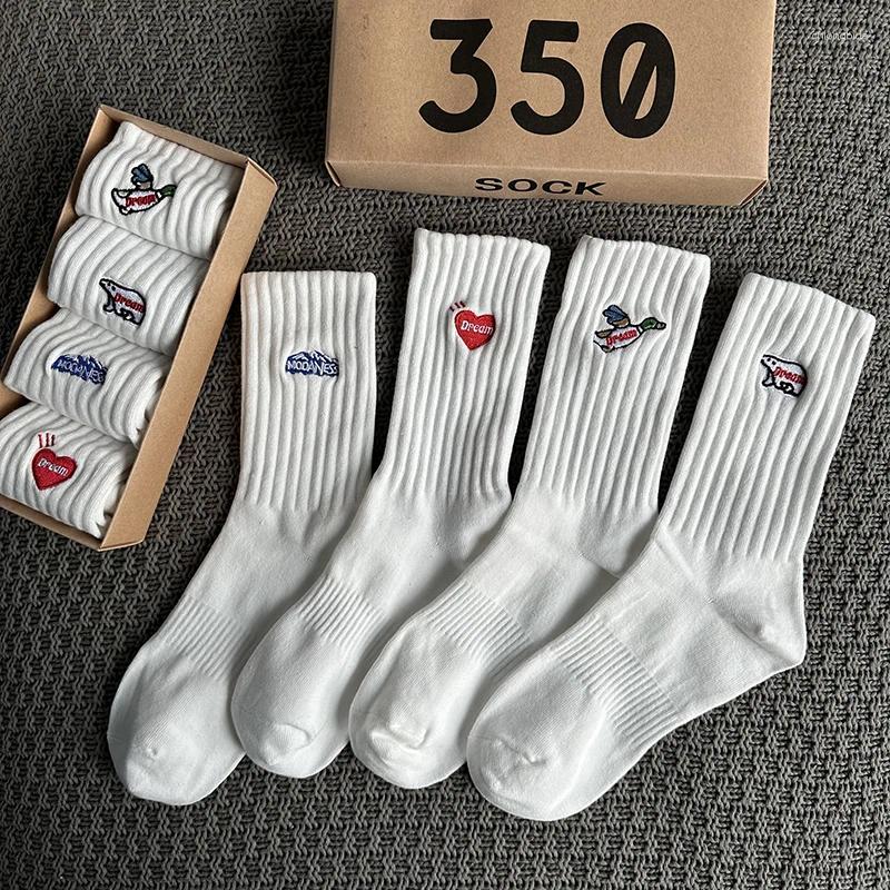 Men's Socks 4Pairs/Box Women's Gift Box Spring Summer Fashion Embroidery Items Funny Gifts Black Middle Tube