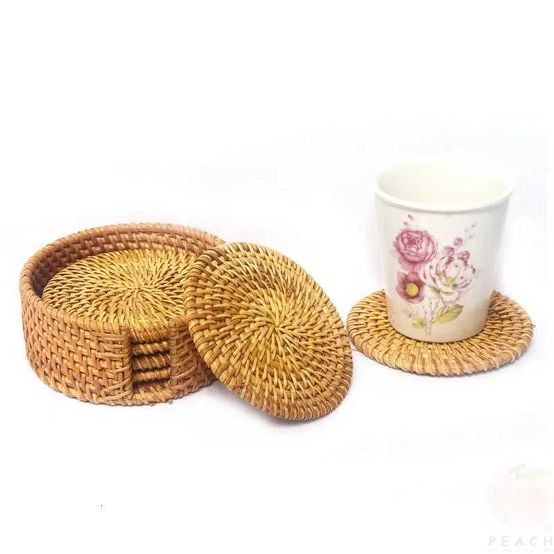 6Pcs Drink Coasters Set For Kungfu Tea Accessories Round Tableware Placemat Dish Mat Rattan Weave Cup Mat Pad Diameter 8Cm C2511221