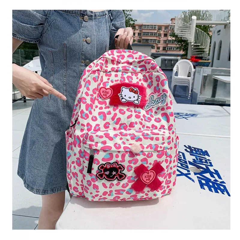 Sanrio Cute Leopard Print Backpack Japanese Style Cute Girl Hello Kitty Cartoon Girl Student Backpack H251122