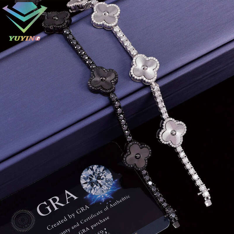 Lucky Four-Leaf 3mm S Sier Gold/Black Plated VVS Silicon Stone Clover Tennis Bracelet