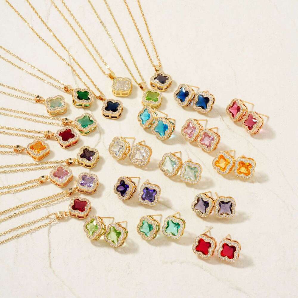 Micro inlaid clover necklace earrings two-piece set, women's light niche design, high-end feeling, internet celebrity temperament jewelry set