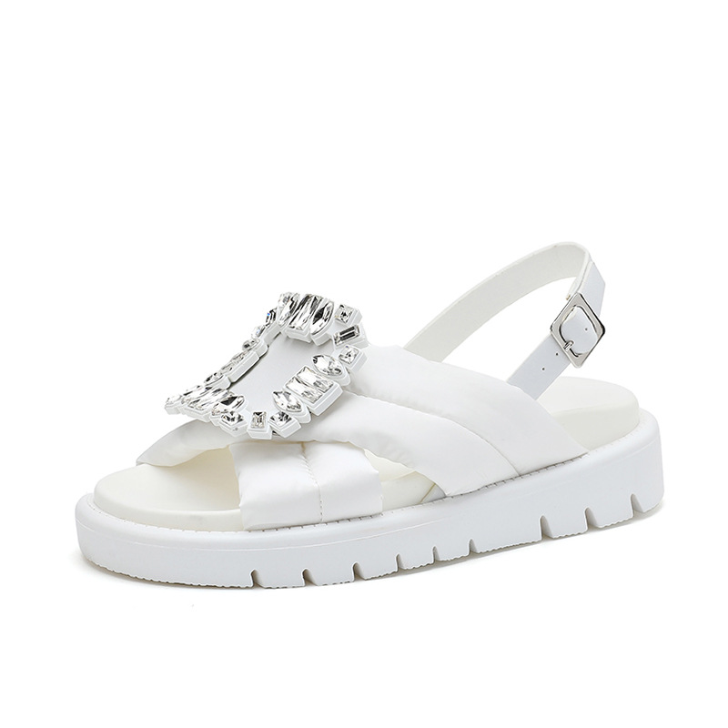 designer shoes New style women's flat sandals with diamond square buckle platform sole genuine leather fashionable Japanese and Korean trendy wom