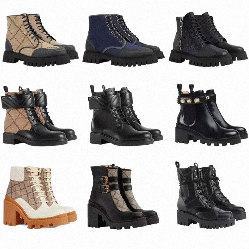 Designer Shoes Women buckle Lace-Up strap flat high heel Martin boots High Quality Womens Leather canvas cowboy Nylon Classic autumn Winter Cool Half Ankle booties