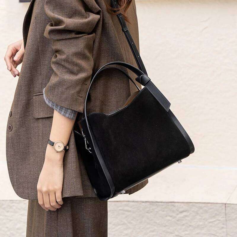 Toptrends Retro Suede Genuine Leather Bucket Tote Handbags For Women 2025 Luxury Designer Matte Ladies Shoulder Crossbody Bags