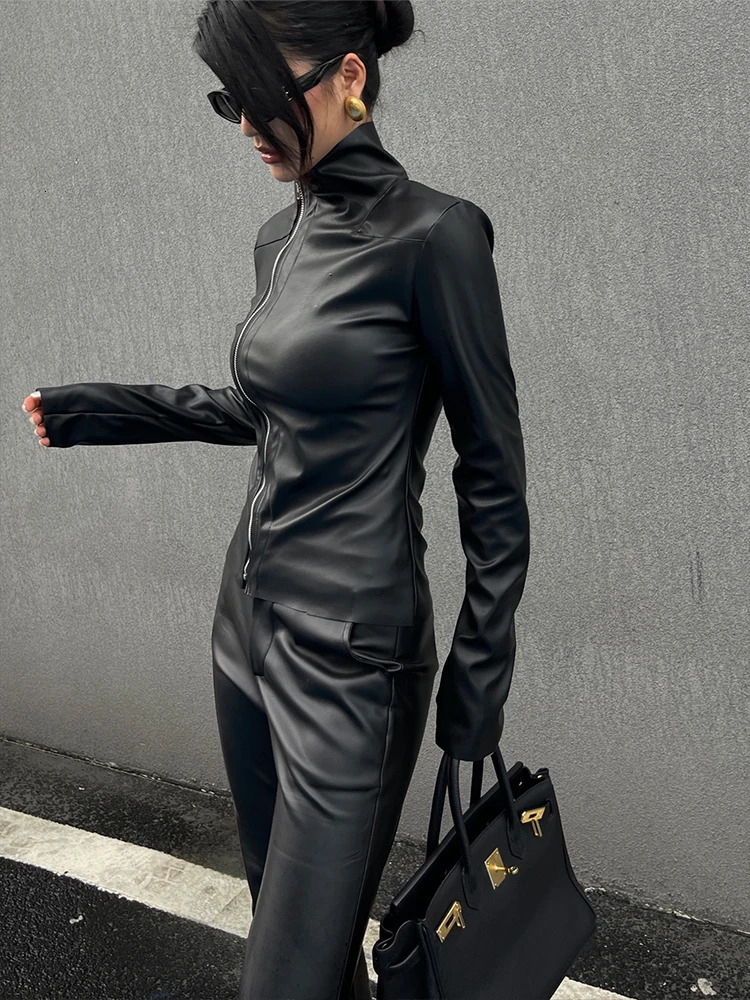 Black Spicy Girl PU Leather Jacket Womens 2024 Autumn Slim Zipper Long Sleeve Cardigan Top Suede Fashion BRQ8 251114