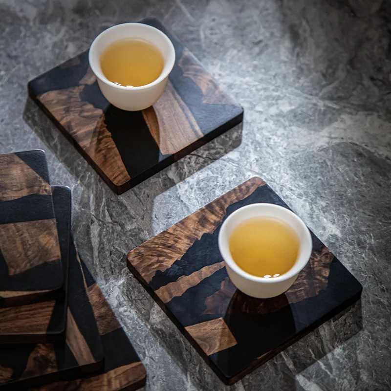 Walnut Wood Tea Coffee Cup Pad Placemats Creative Resin Heat Resistant Mat Drink Insulation Coaster Square/Round Table Decor C251122